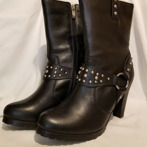 Ride Tec Women's Sexy Black Leather Harness 3.5 inch Heel Boots w/ Studs